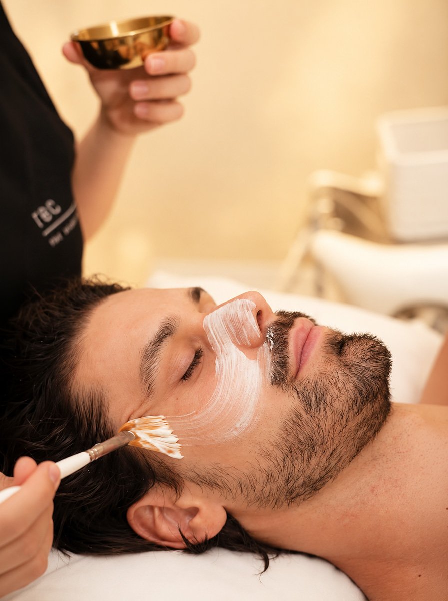 Therapist brushing a facial mask onto a reclining man's cheek